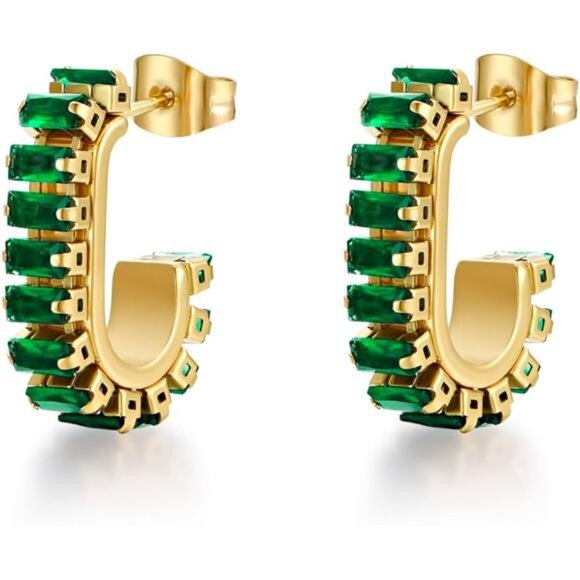 Gold hoop earrings green crystal huggie cubic zirconia dainty jewelry gift - Picture 1 of 7